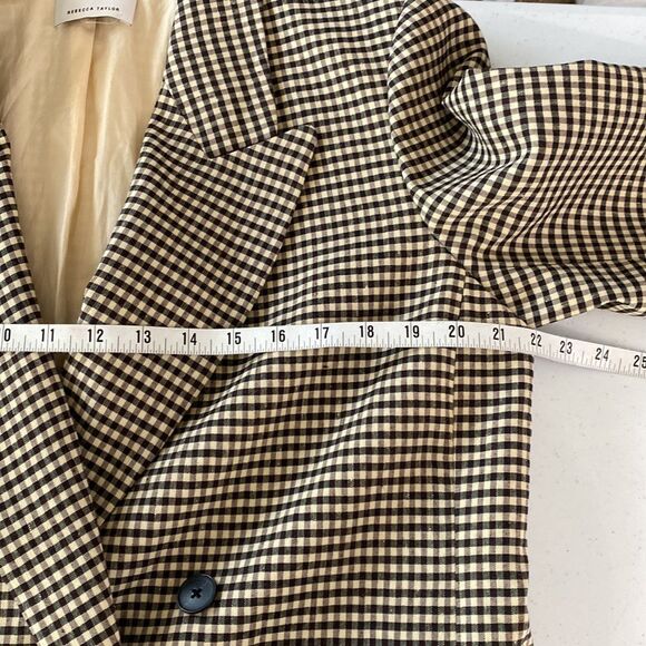 Rebecca Taylor Plaid Check Double-Breasted Blazer Linen Blend Lined in Expresso - Picture 11 of 16